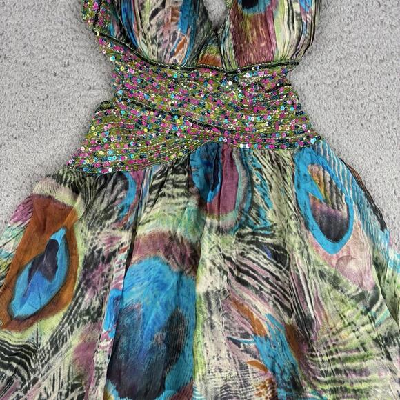 Jovani Women’s 2 Peacock Print Sequin Silk Open Back Halter Long Prom Gown Dress - Picture 3 of 12